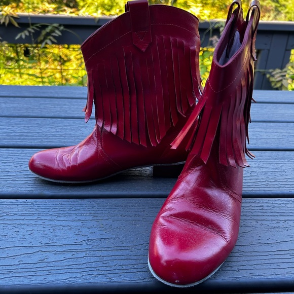 Cherry Red Vintage Fringe Cowboy Boots - Picture 3 of 14
